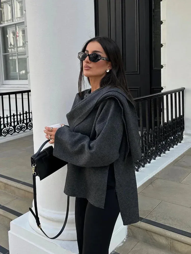 2024 New Fashion Scarf Collar Woolen Jackets For Women Elegant Long Sleeved Side Split Casual Coats Female Chic Autumn Overcoats