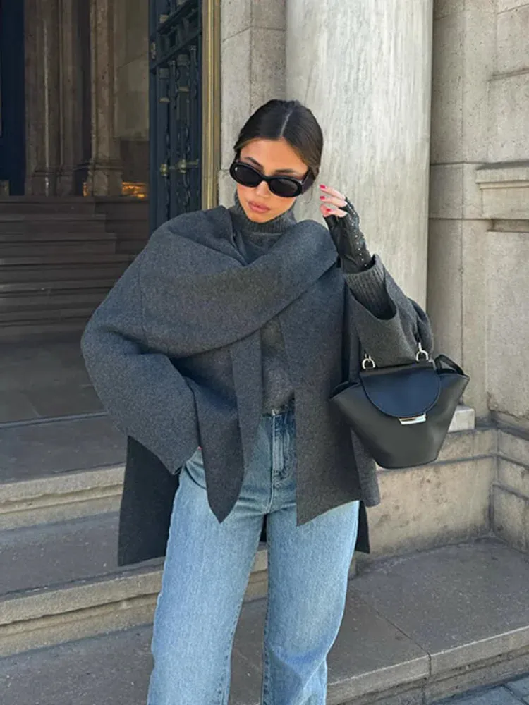 2024 New Fashion Scarf Collar Woolen Jackets For Women Elegant Long Sleeved Side Split Casual Coats Female Chic Autumn Overcoats