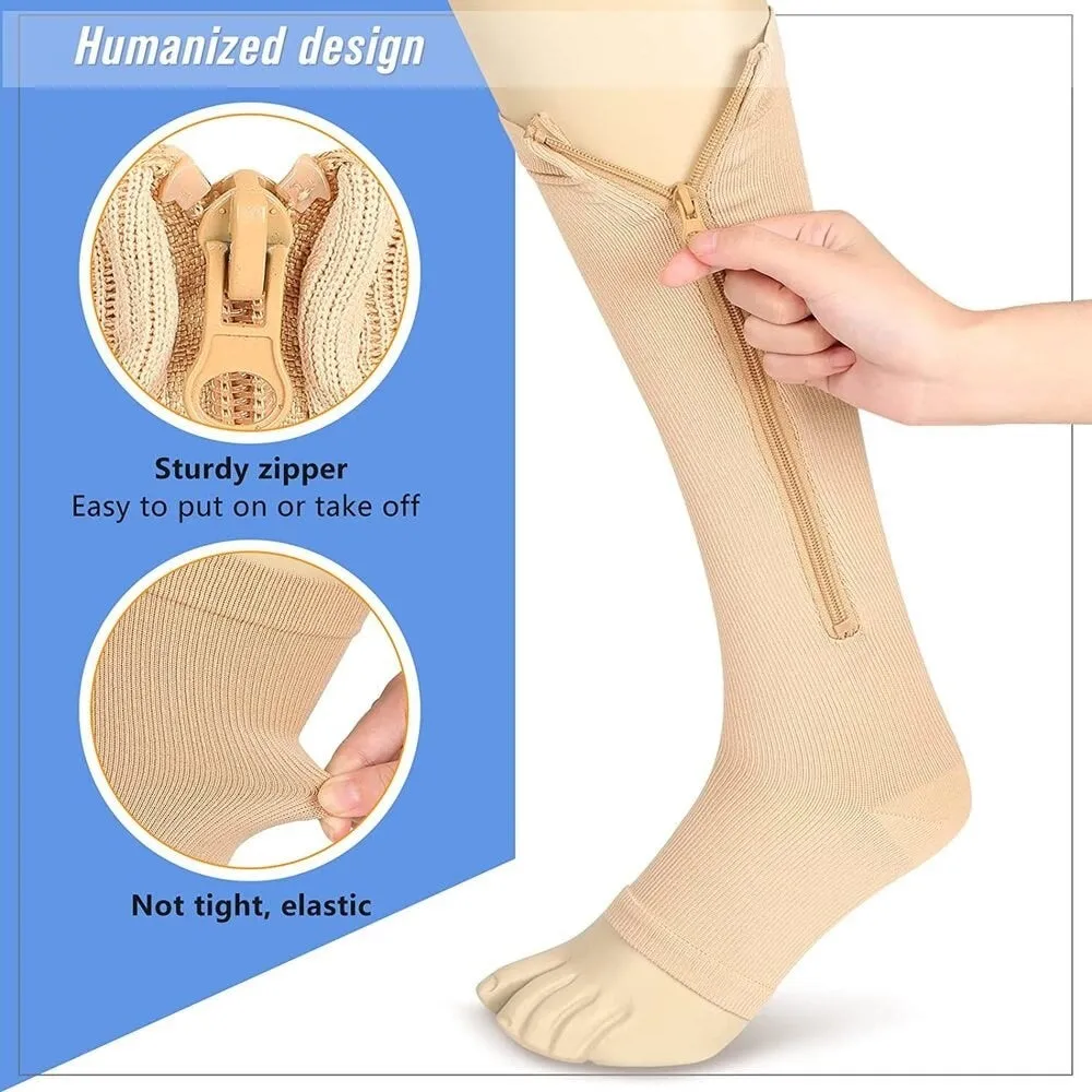 2pcs/pair Zipper Compression Open Toe Stockings for Women Men Walking, Running, Cycling