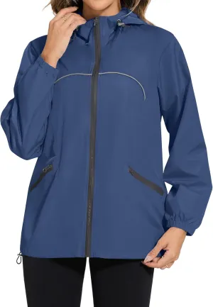 Avoogue Waterproof Jacket with Hood Packable Raincoats for Women Reflective Jacket Windbreaker