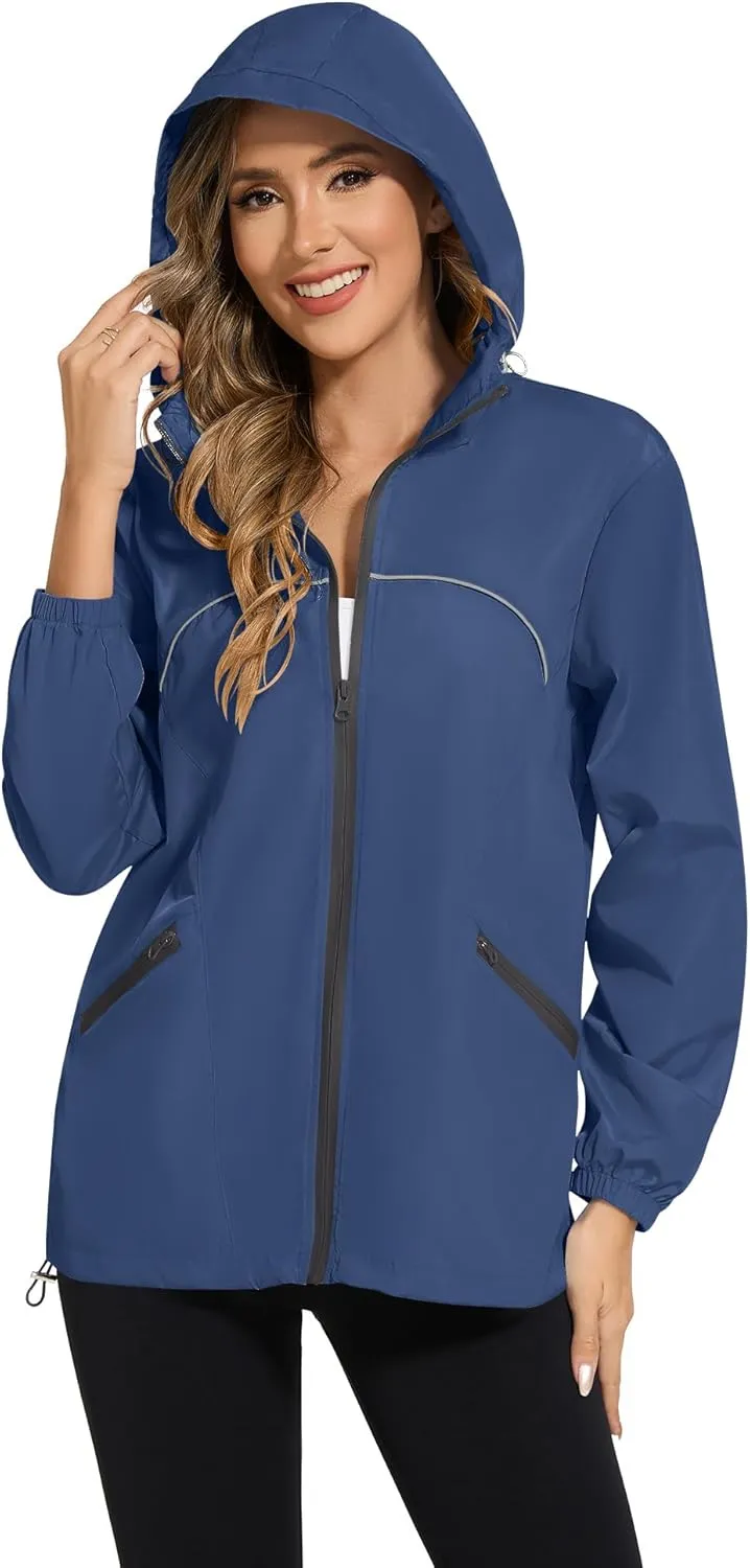 Avoogue Waterproof Jacket with Hood Packable Raincoats for Women Reflective Jacket Windbreaker