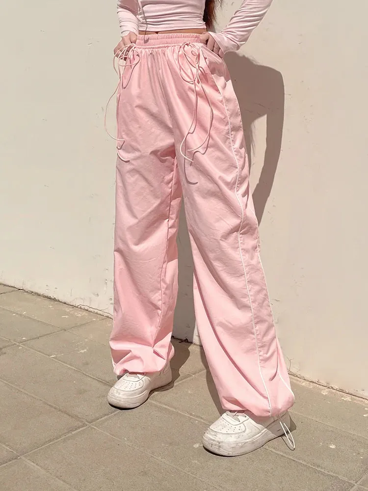 Casual Korean Stripe Pink Baggy Trousers Female Drawstring Elastic Waist Sporty Sweatpants Joggers Street Style Tech