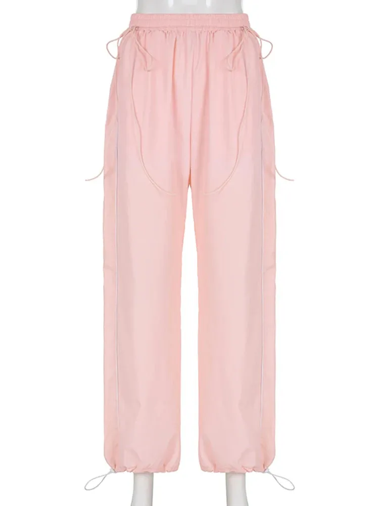 Casual Korean Stripe Pink Baggy Trousers Female Drawstring Elastic Waist Sporty Sweatpants Joggers Street Style Tech