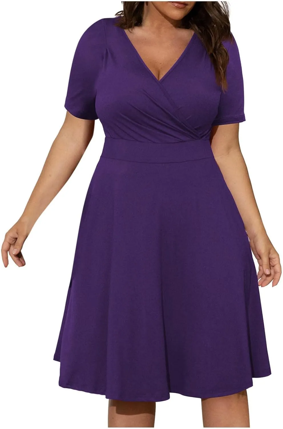 hlysgo Plus Size Dresses for Women Casual Slim Fit Wrap V Neck Short Sleeve Mini Dress Ladies A-Line Flowy Knee Length Dress