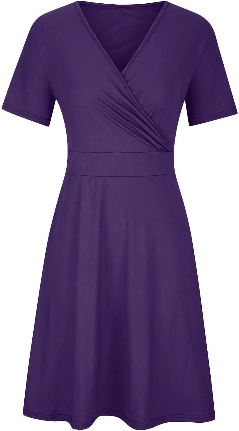 hlysgo Plus Size Dresses for Women Casual Slim Fit Wrap V Neck Short Sleeve Mini Dress Ladies A-Line Flowy Knee Length Dress