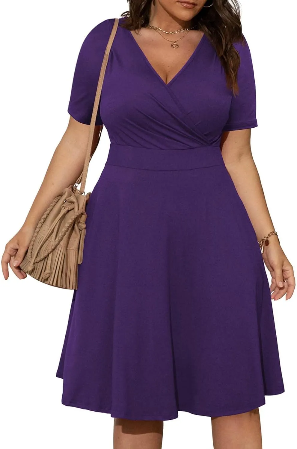 hlysgo Plus Size Dresses for Women Casual Slim Fit Wrap V Neck Short Sleeve Mini Dress Ladies A-Line Flowy Knee Length Dress