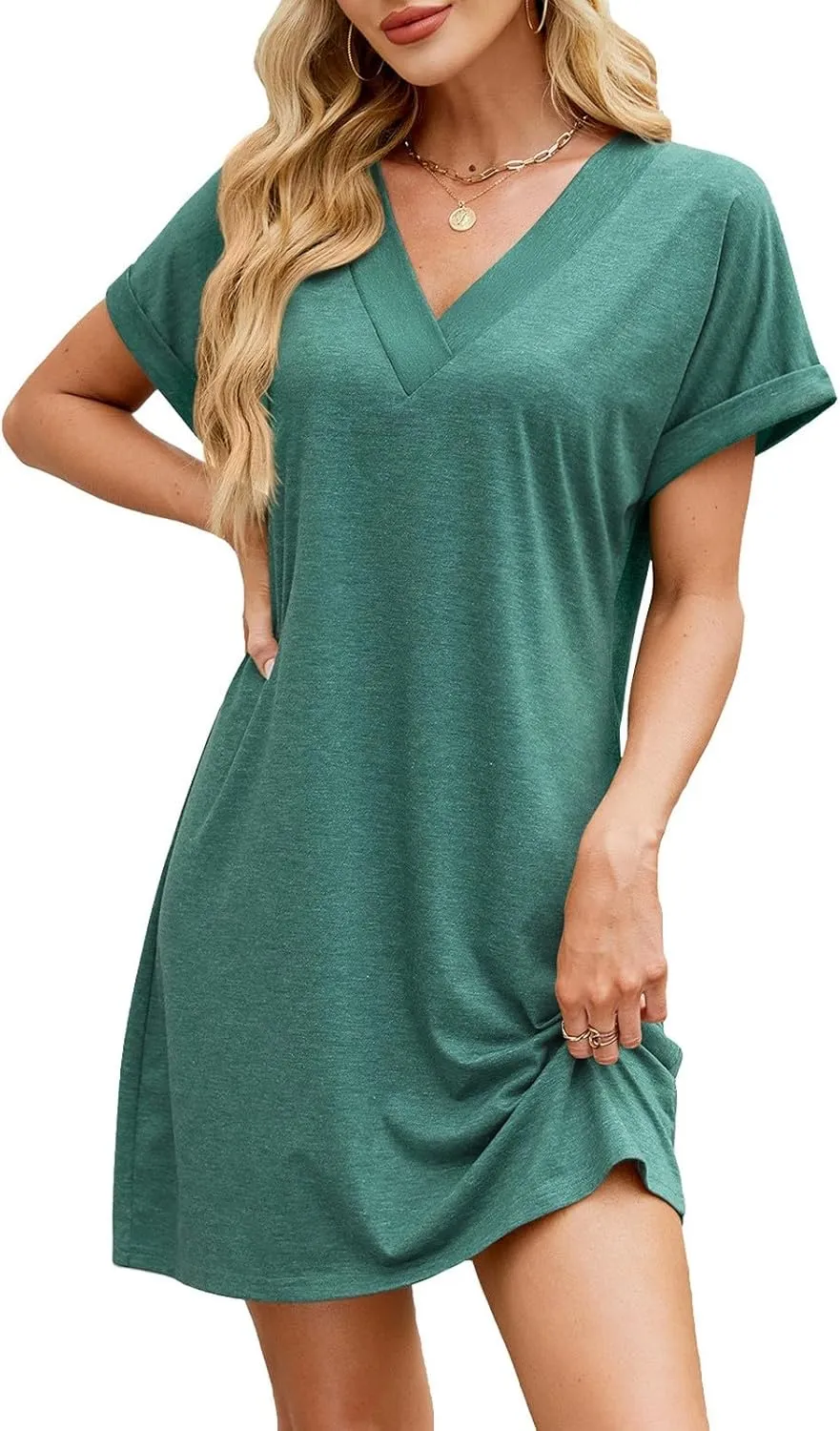 hlysgo Womens Beach Dress 2025 Casual Loose Fit Comfy Going Out Dresses Summer Short Sleeve V Neck Mini Dress for Ladies
