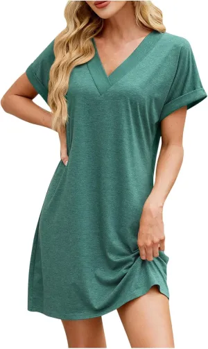 hlysgo Womens Beach Dress 2025 Casual Loose Fit Comfy Going Out Dresses Summer Short Sleeve V Neck Mini Dress for Ladies