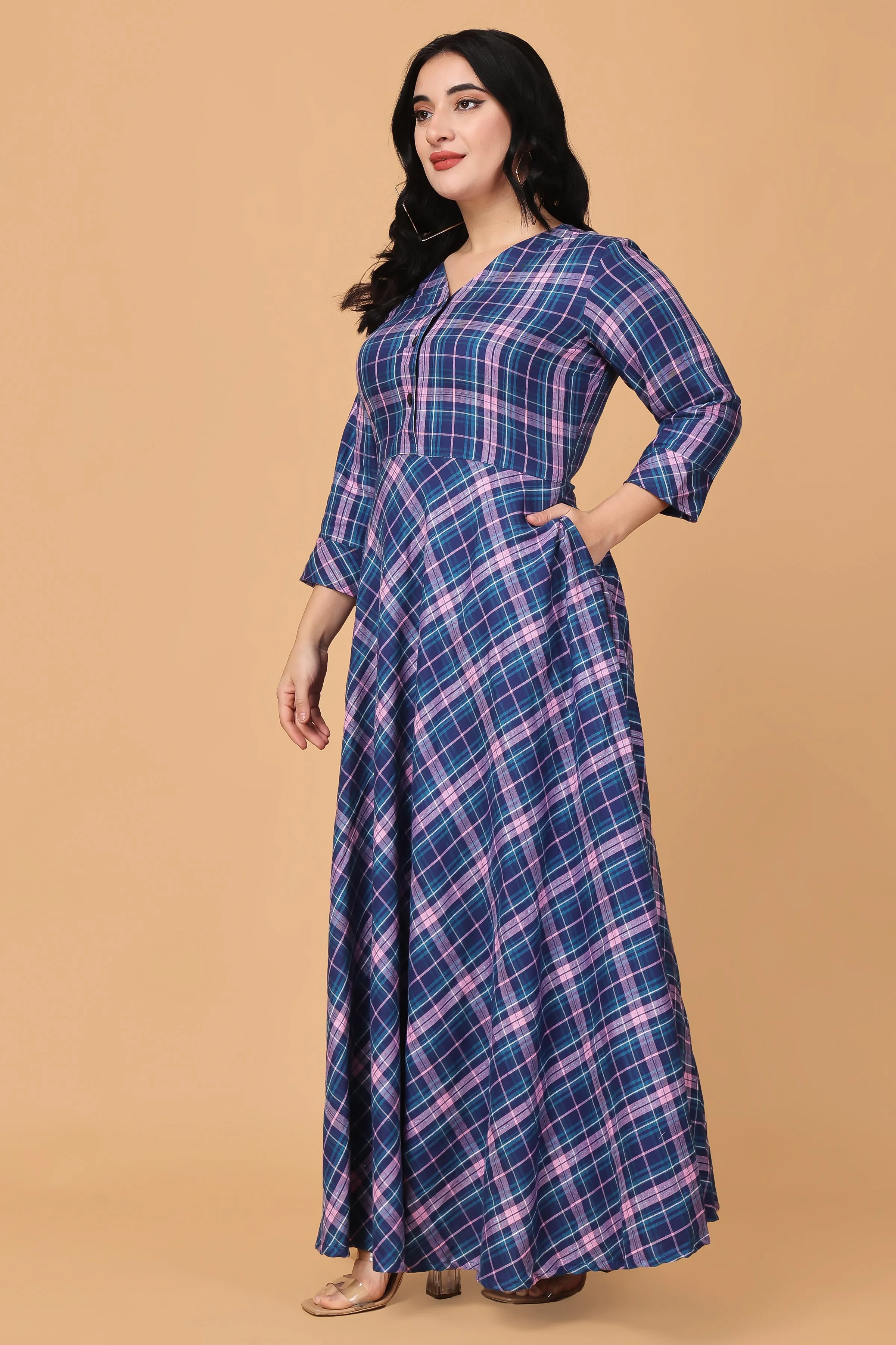 Indigo Breeze Twill Checked Dress