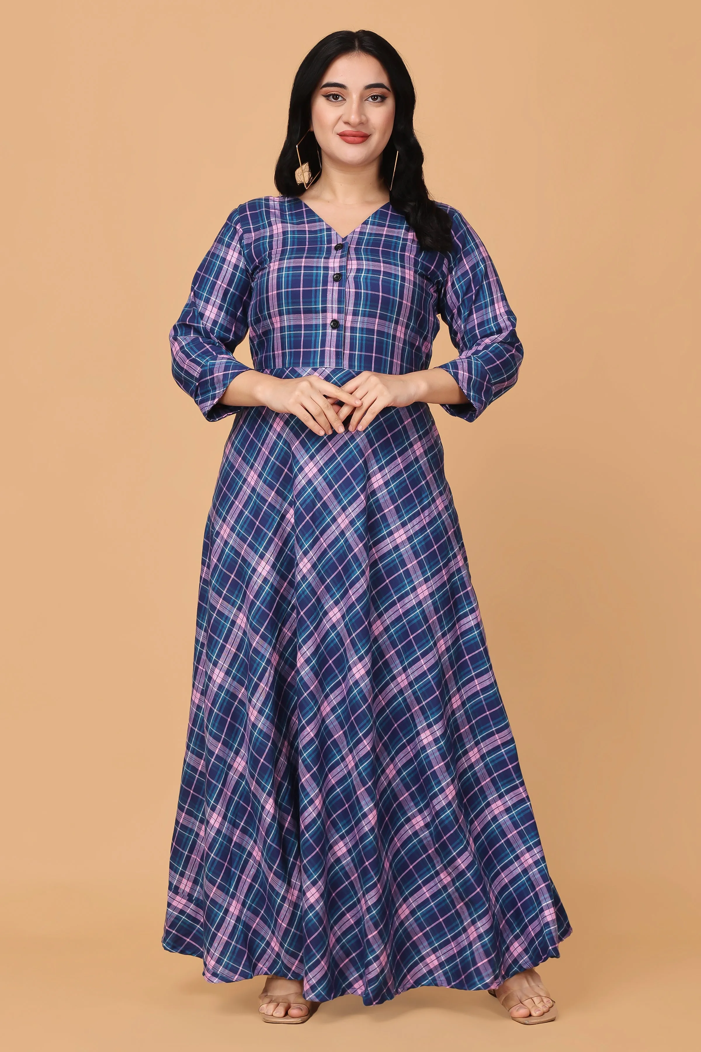 Indigo Breeze Twill Checked Dress