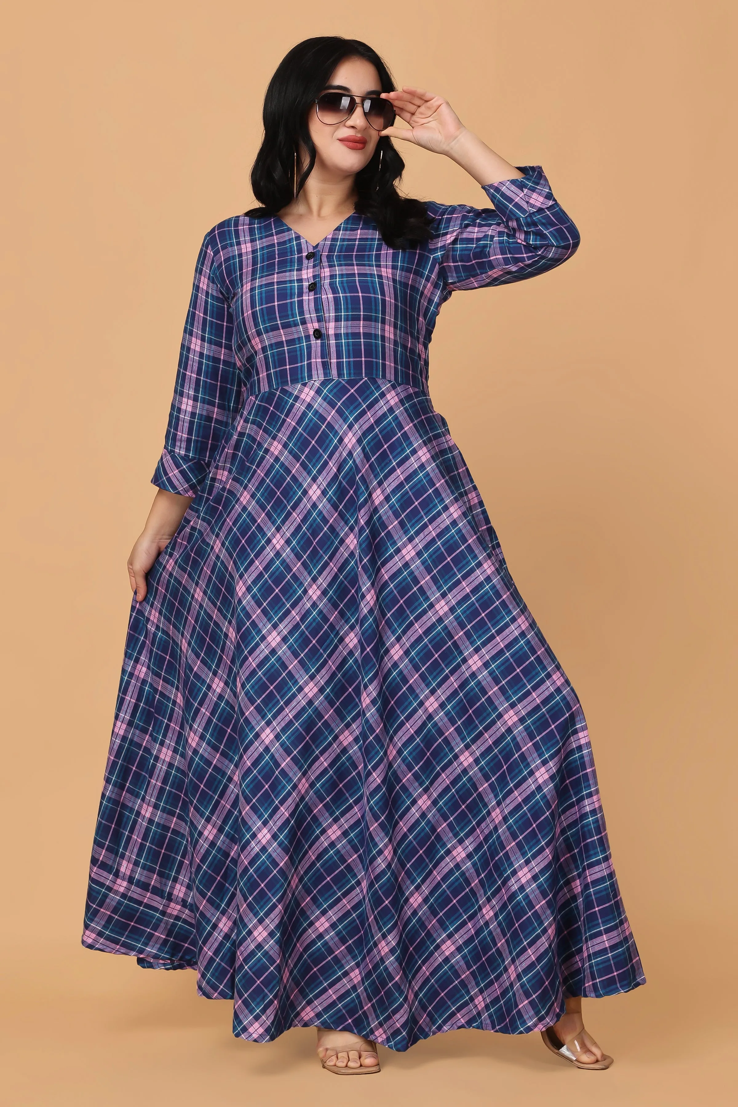 Indigo Breeze Twill Checked Dress