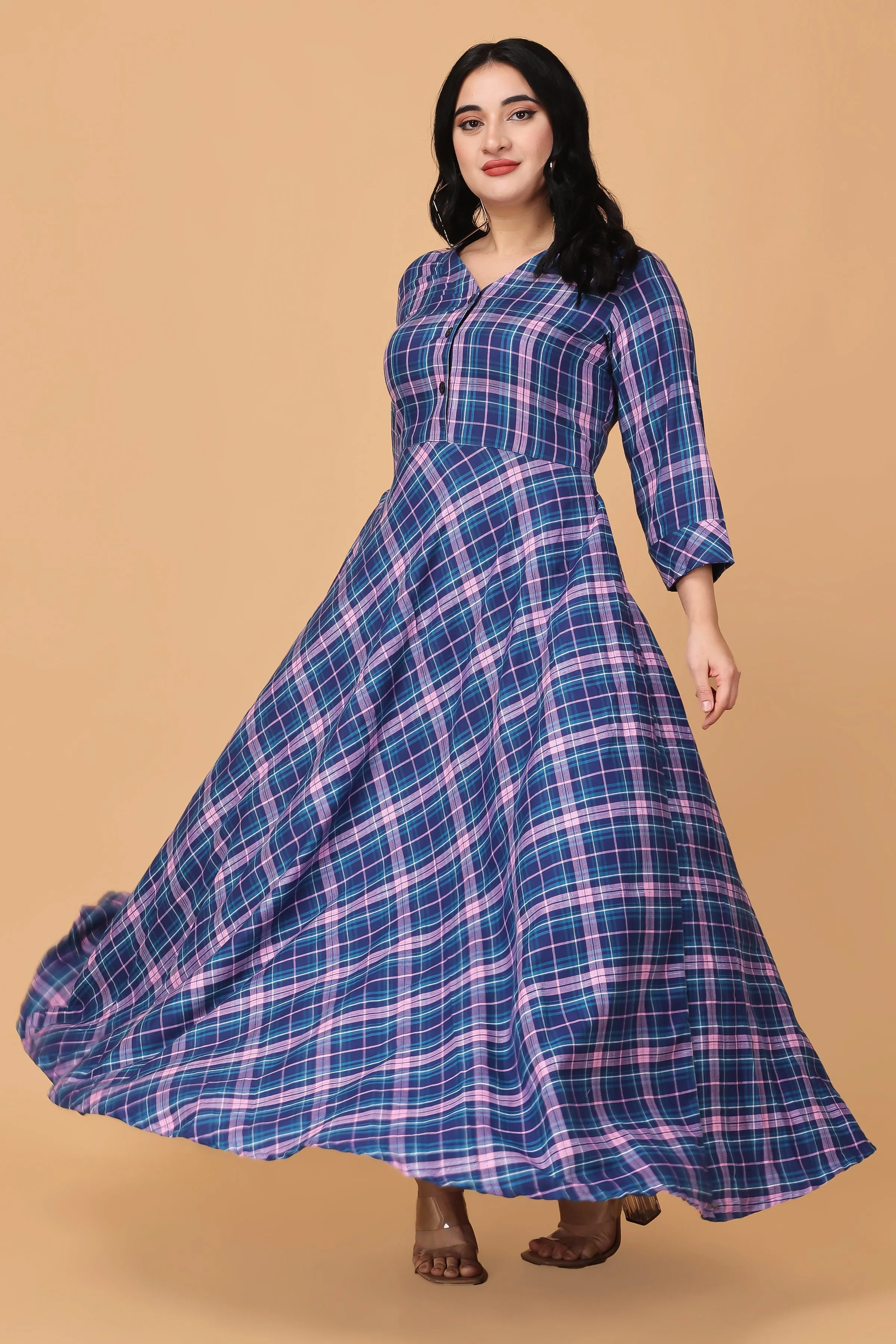 Indigo Breeze Twill Checked Dress