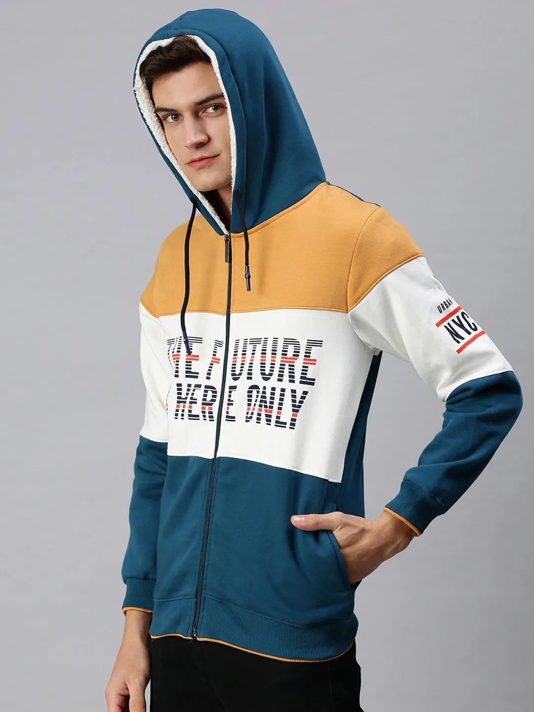 Men Blue Colourblocked Hoodie