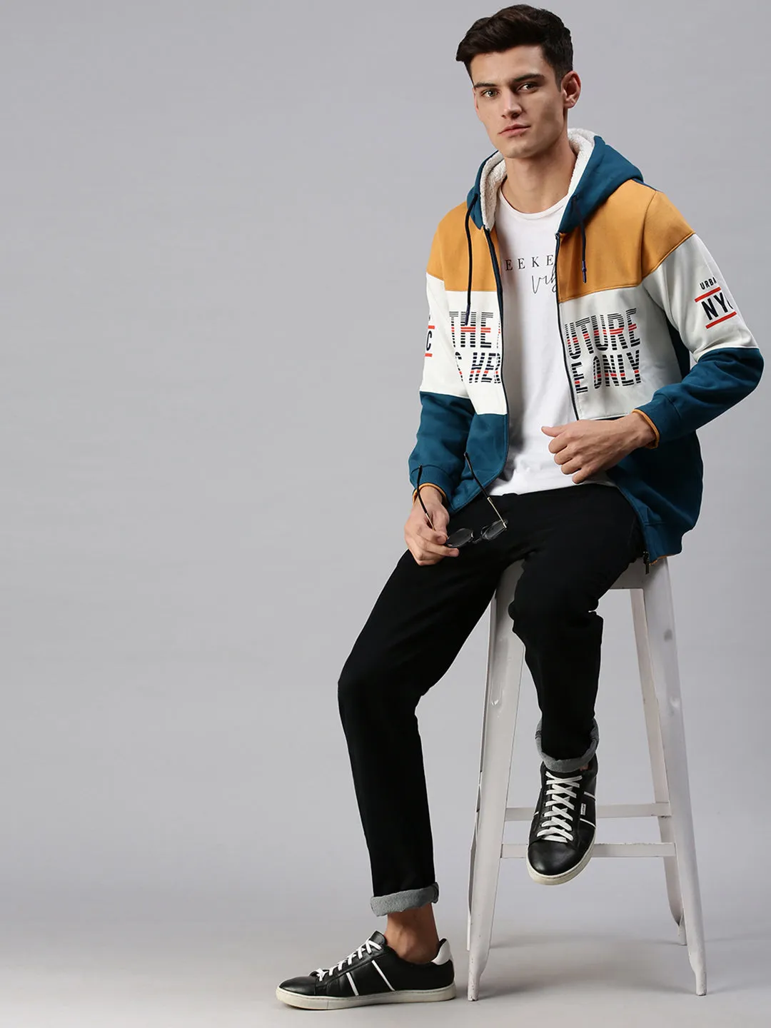 Men Blue Colourblocked Hoodie