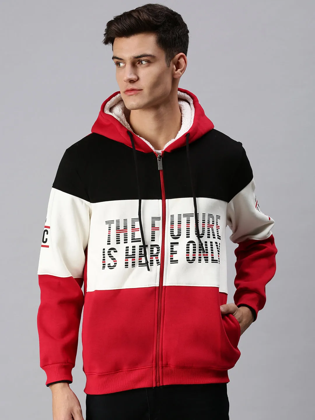 Men Red Colourblocked Hoodie