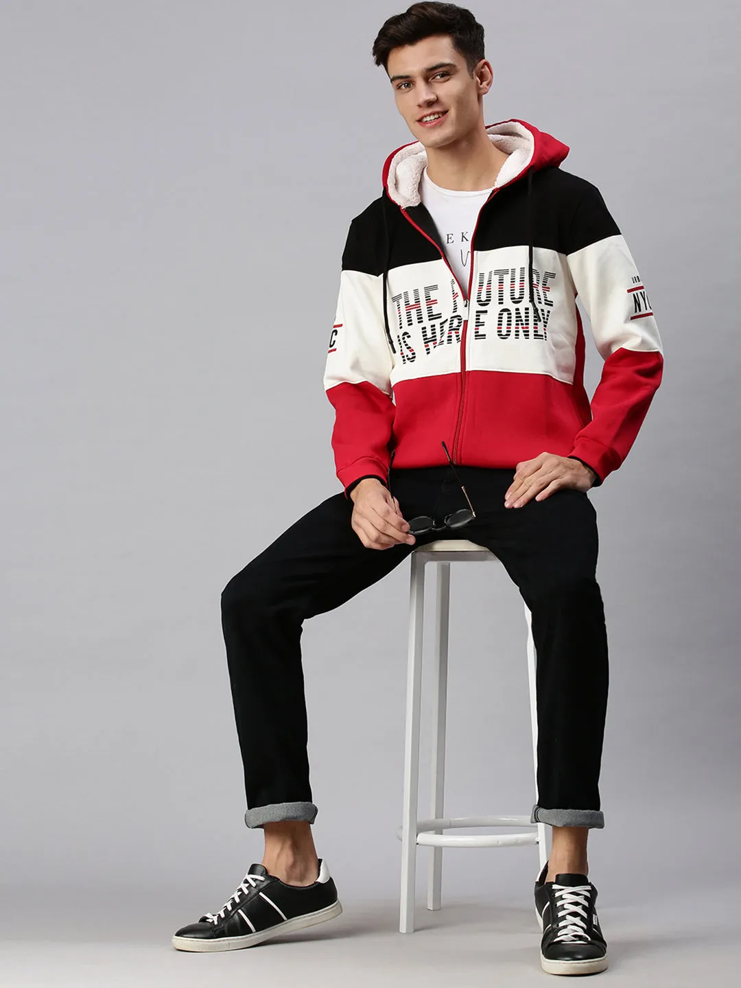 Men Red Colourblocked Hoodie