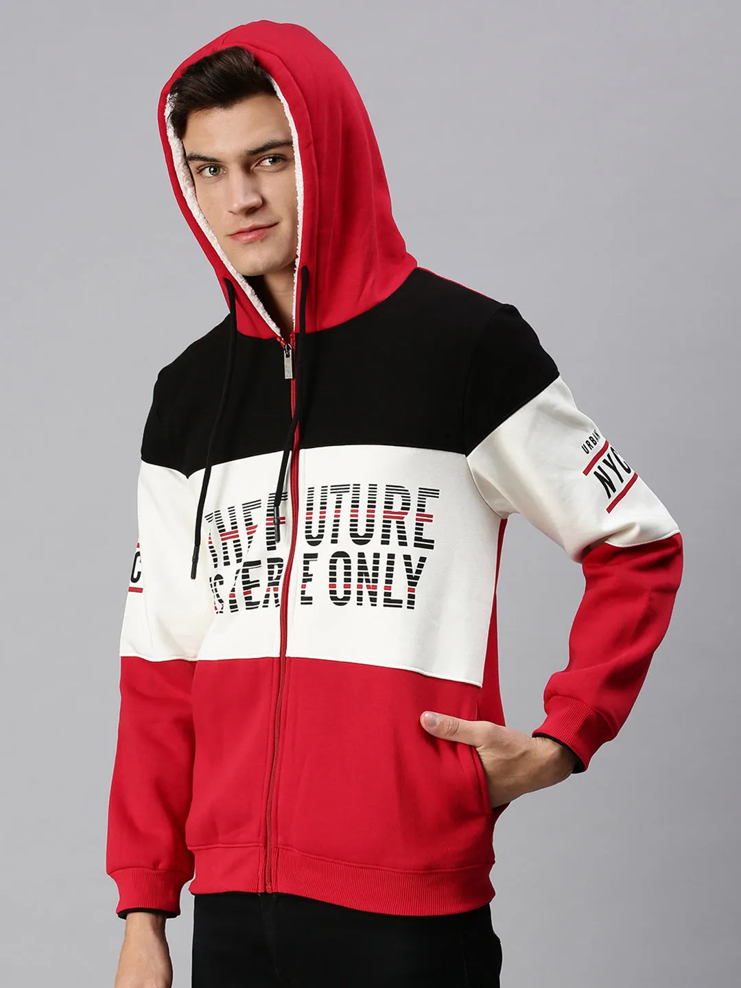 Men Red Colourblocked Hoodie