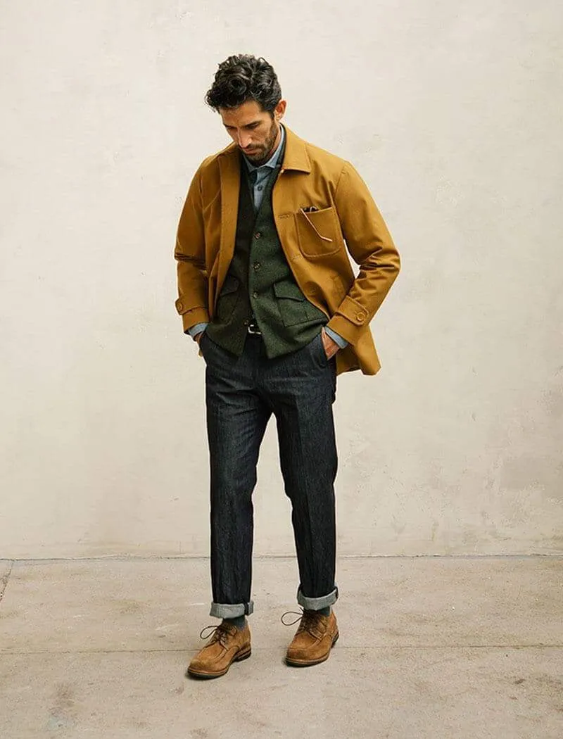 Mustard Waxed Cotton Overcoat