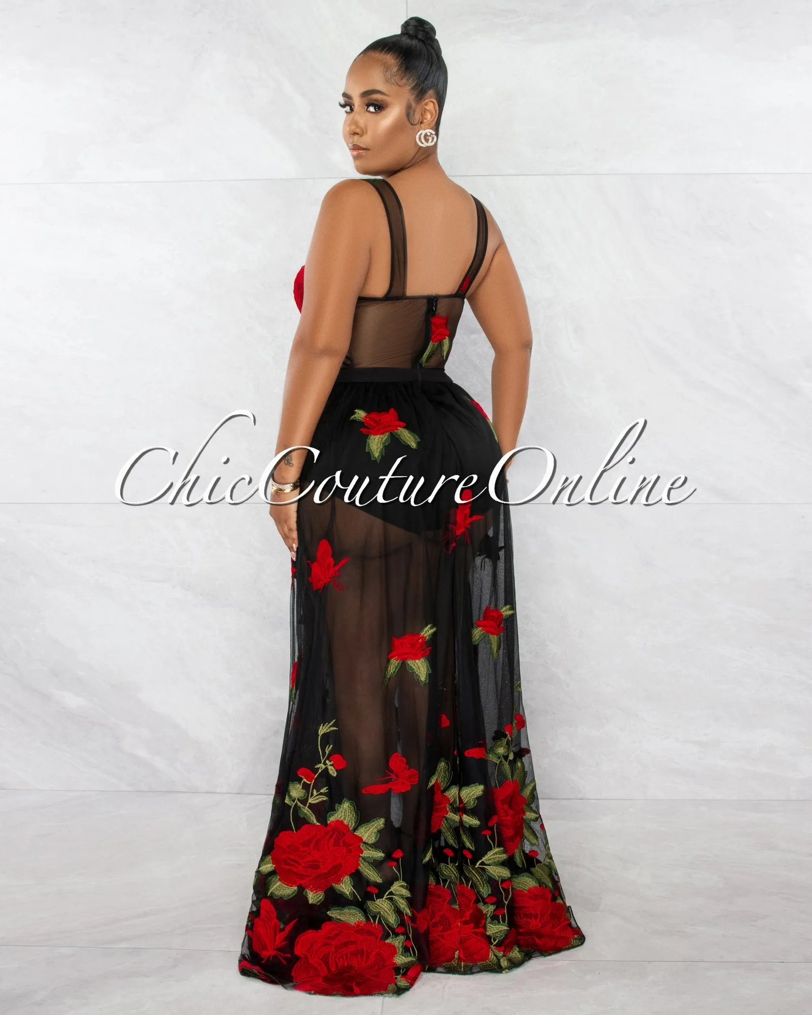 Peronie Black Red Roses Embroidery Mesh Maxi Dress