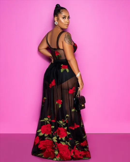 Peronie Black Red Roses Embroidery Mesh Maxi Dress