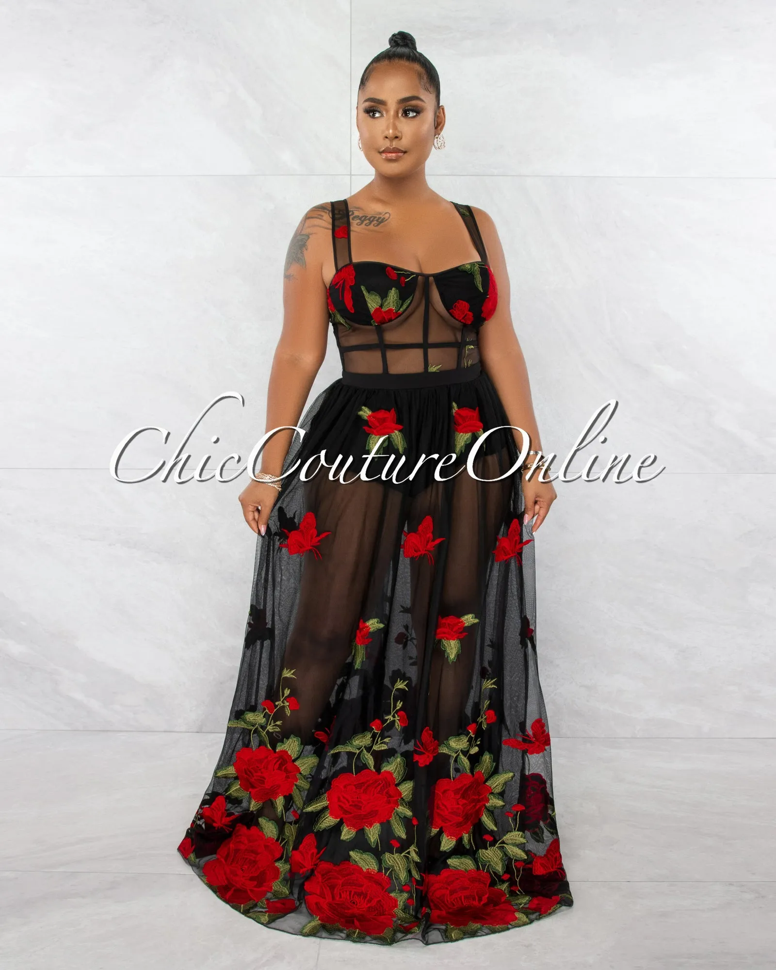 Peronie Black Red Roses Embroidery Mesh Maxi Dress