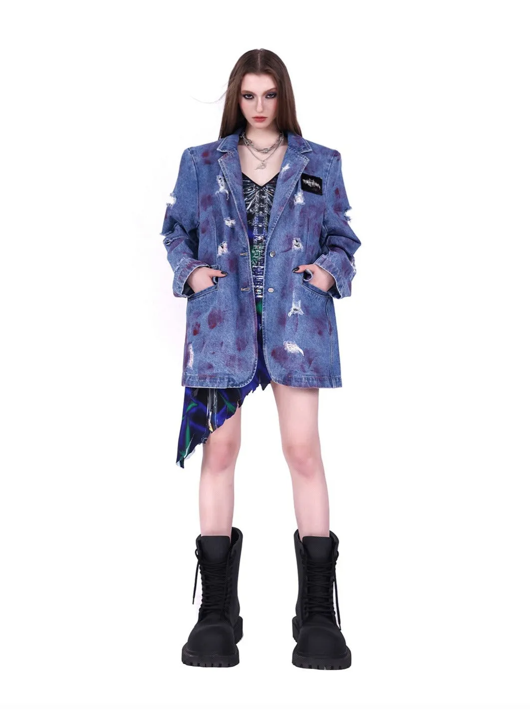 PINKSPINK Distressed Denim Blazer - Blue with Red Accents