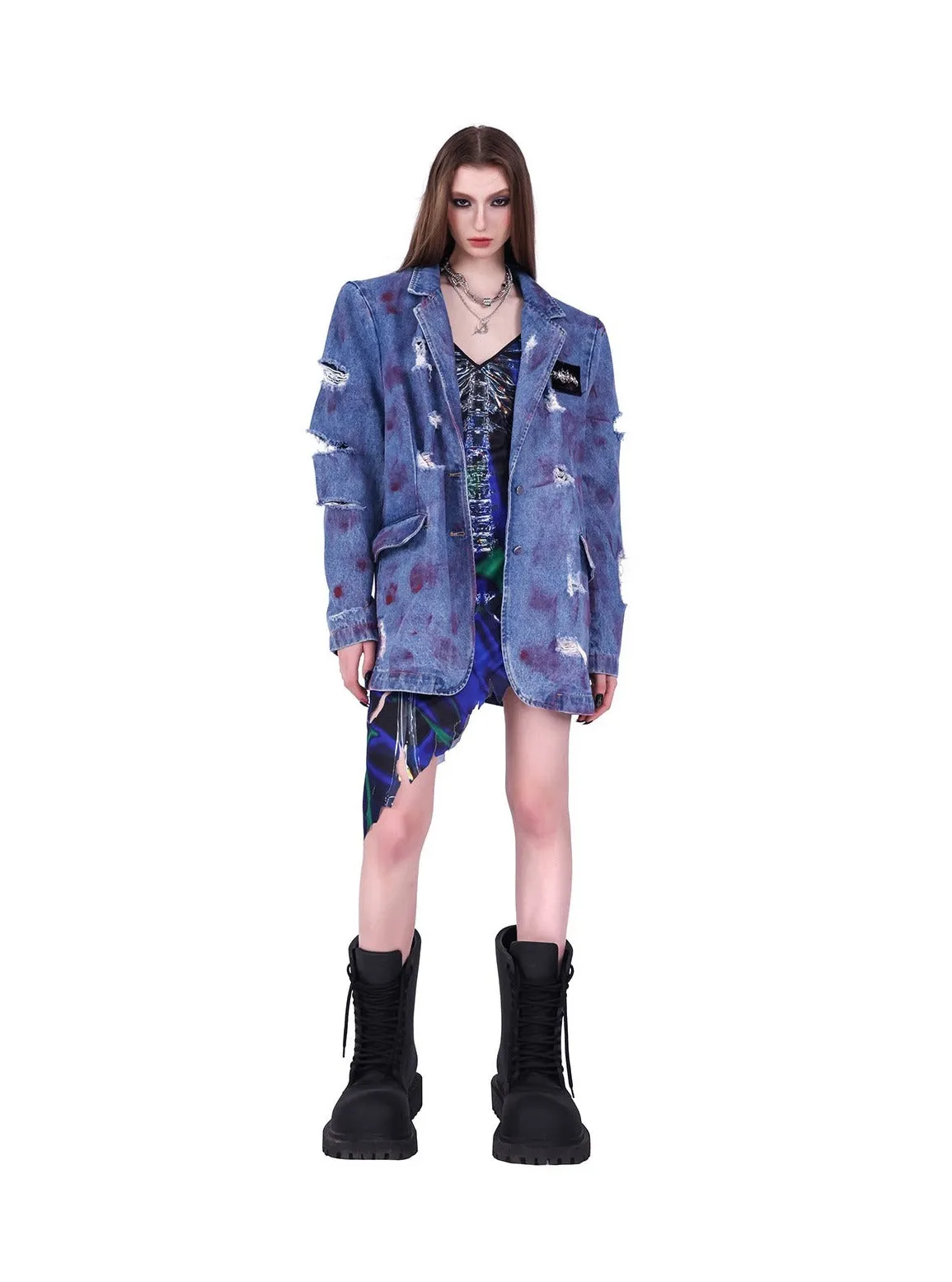 PINKSPINK Distressed Denim Blazer - Blue with Red Accents