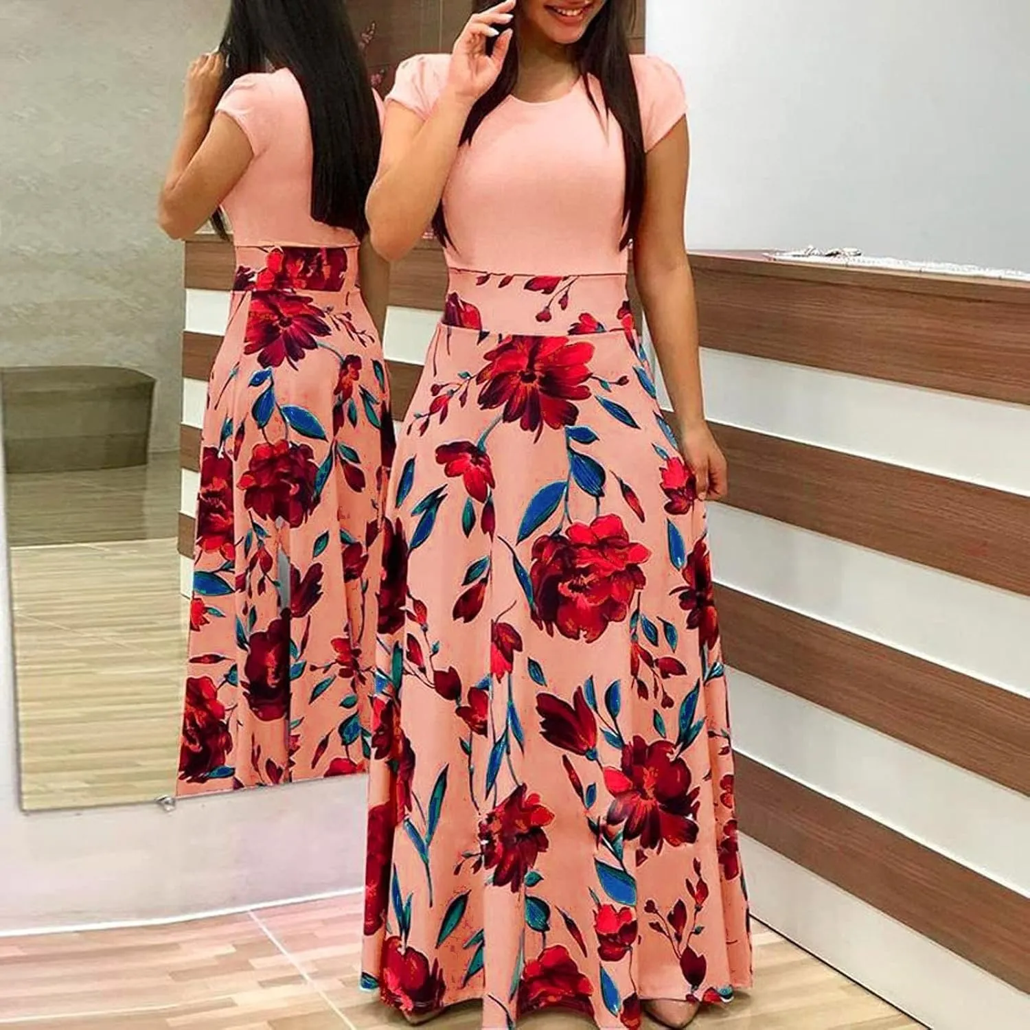 Plus Size Dresses for Curvy Women Short/Long Sleeve Floral Maxi Dress 2024 Fall Casual Crewneck High Waist Long Dress