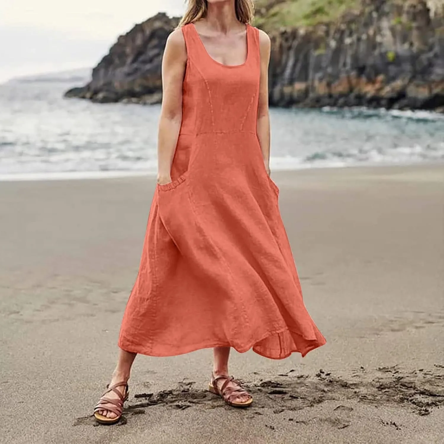 Plus Size Sun Dresses for Curvy Women Linen Dress Sleeveless Cotton Linen Sundress Pocket