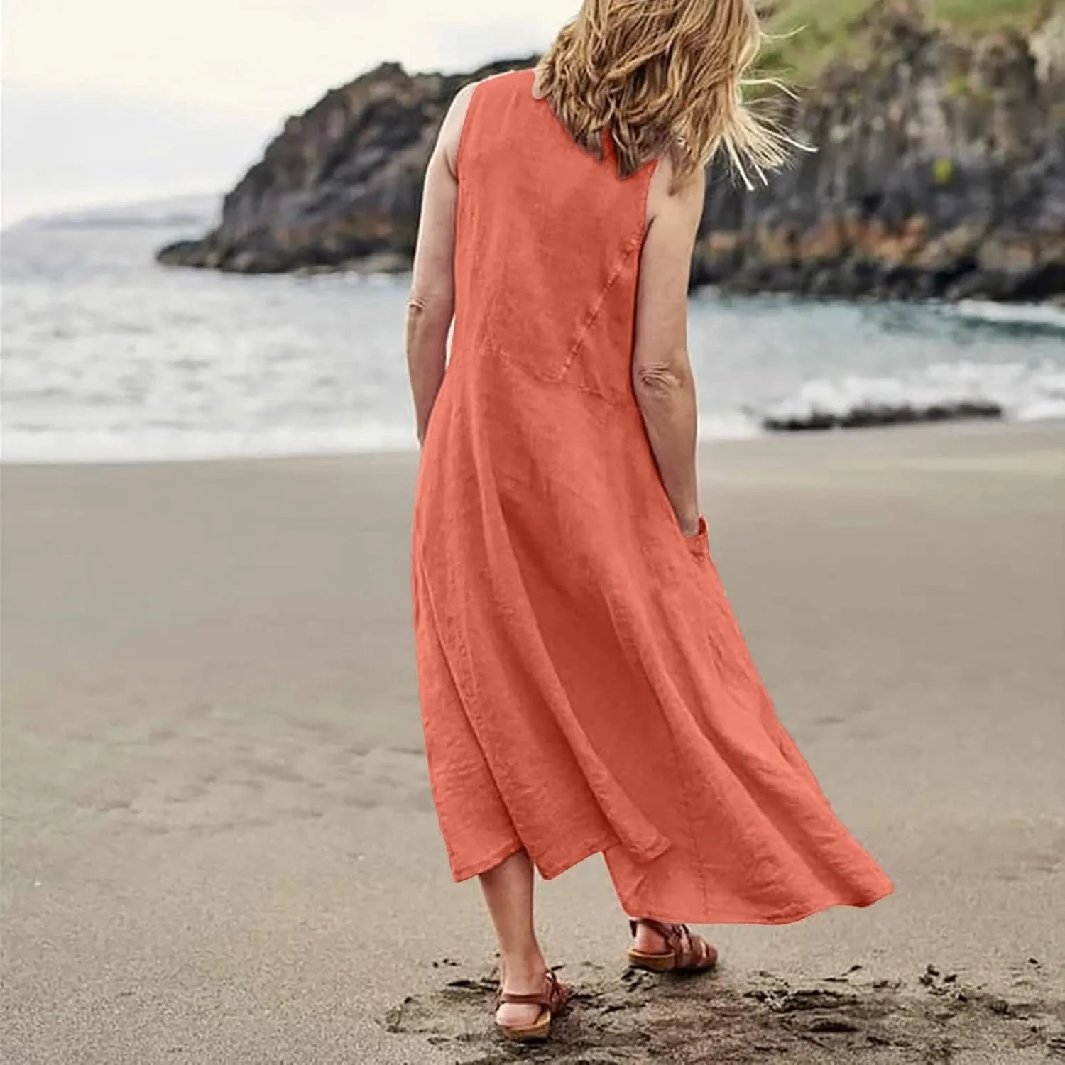 Plus Size Sun Dresses for Curvy Women Linen Dress Sleeveless Cotton Linen Sundress Pocket