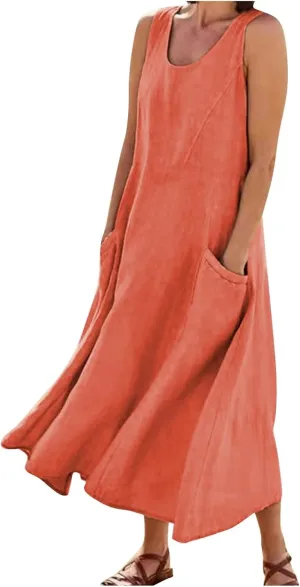 Plus Size Sun Dresses for Curvy Women Linen Dress Sleeveless Cotton Linen Sundress Pocket