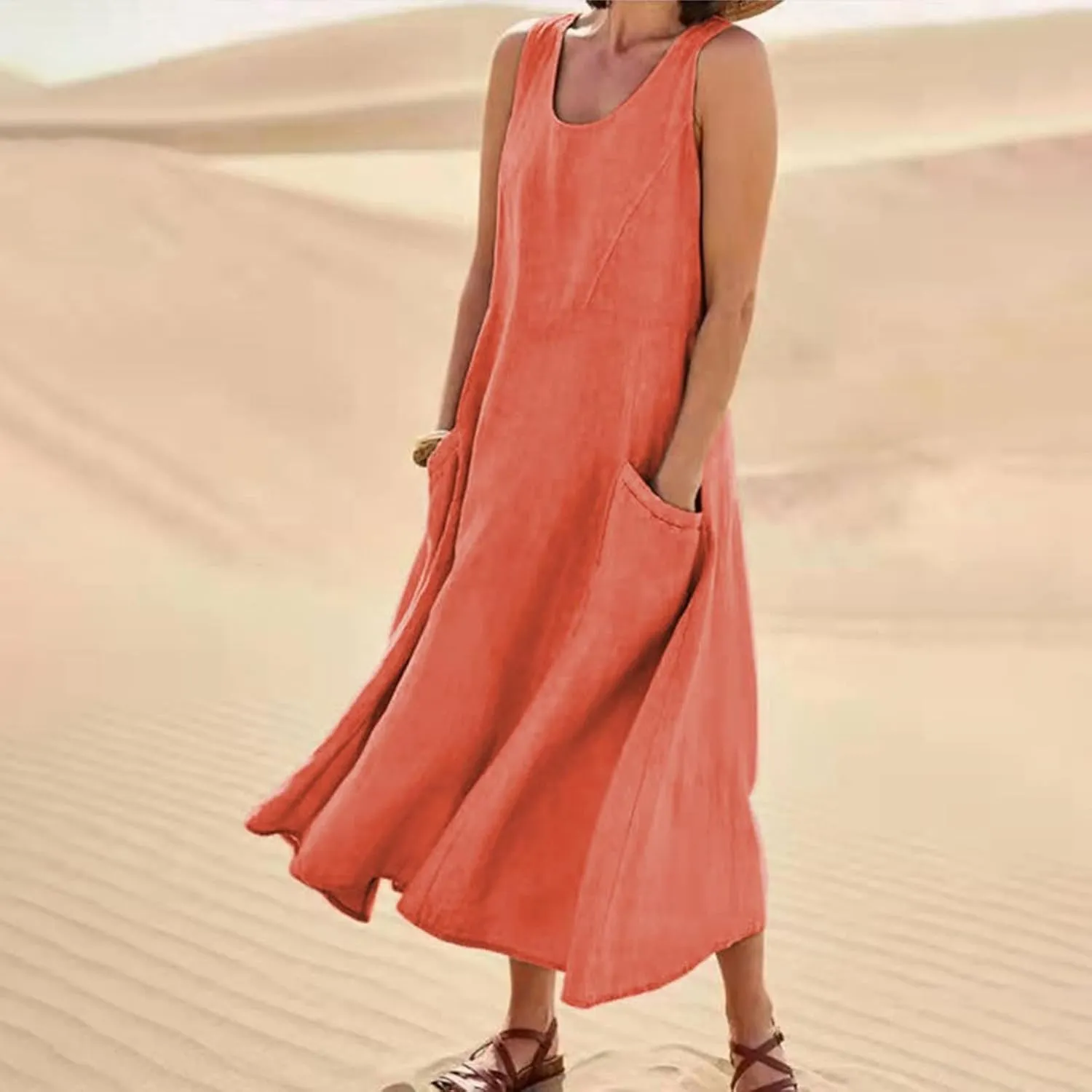 Plus Size Sun Dresses for Curvy Women Linen Dress Sleeveless Cotton Linen Sundress Pocket