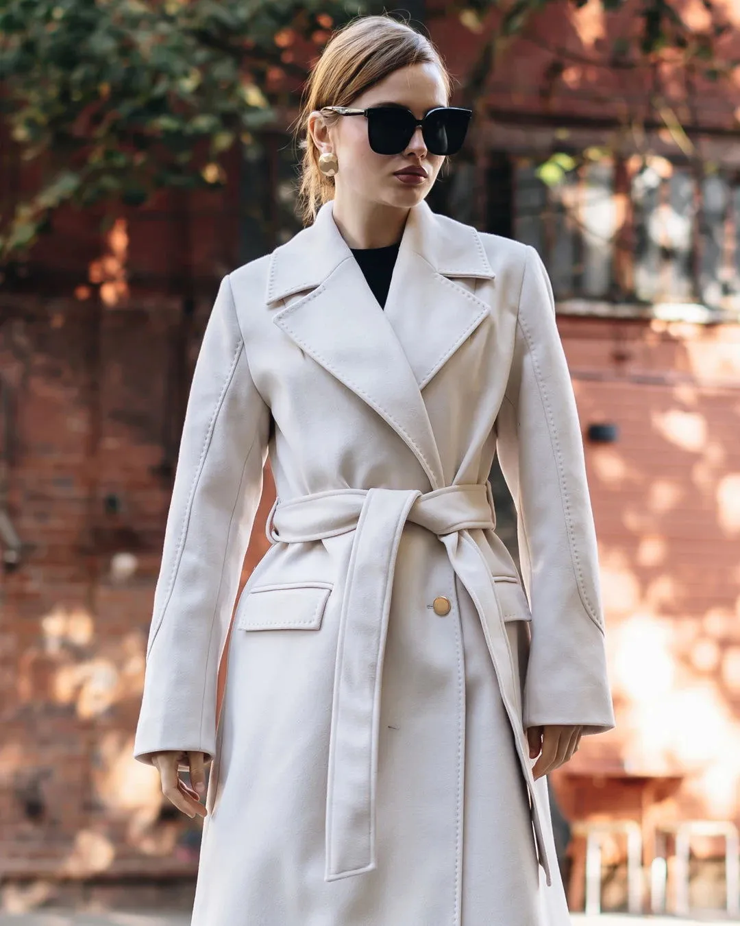 Punto Stitched Double-Breasted Coat - Beige - SCB-W12419