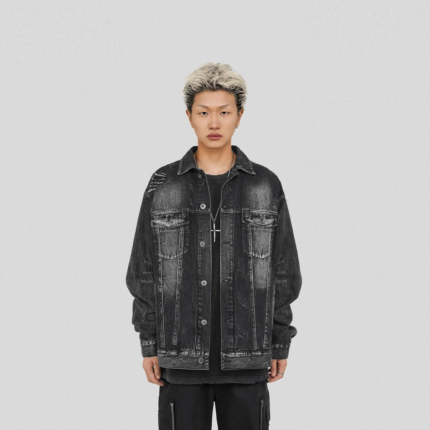 Ripped Washed Black Denim Jacket
