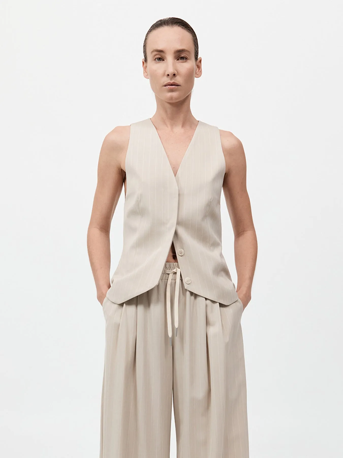 St. Agni Pinstripe Wool Vest Latte