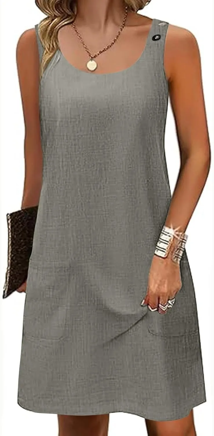 Sun Dresses for Women 2025 Vacation Sleeveless Crew Neck Mini Dress Summer Casual Loose Beach Sundress with Pockets