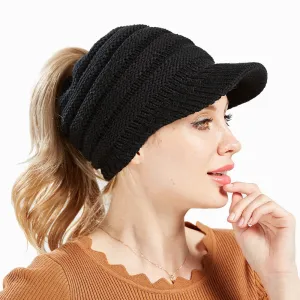Women Soft Woolen Multifunctional Knit Hat Messy Bun Hat Warm Elastic Ponytail Beanie Hat