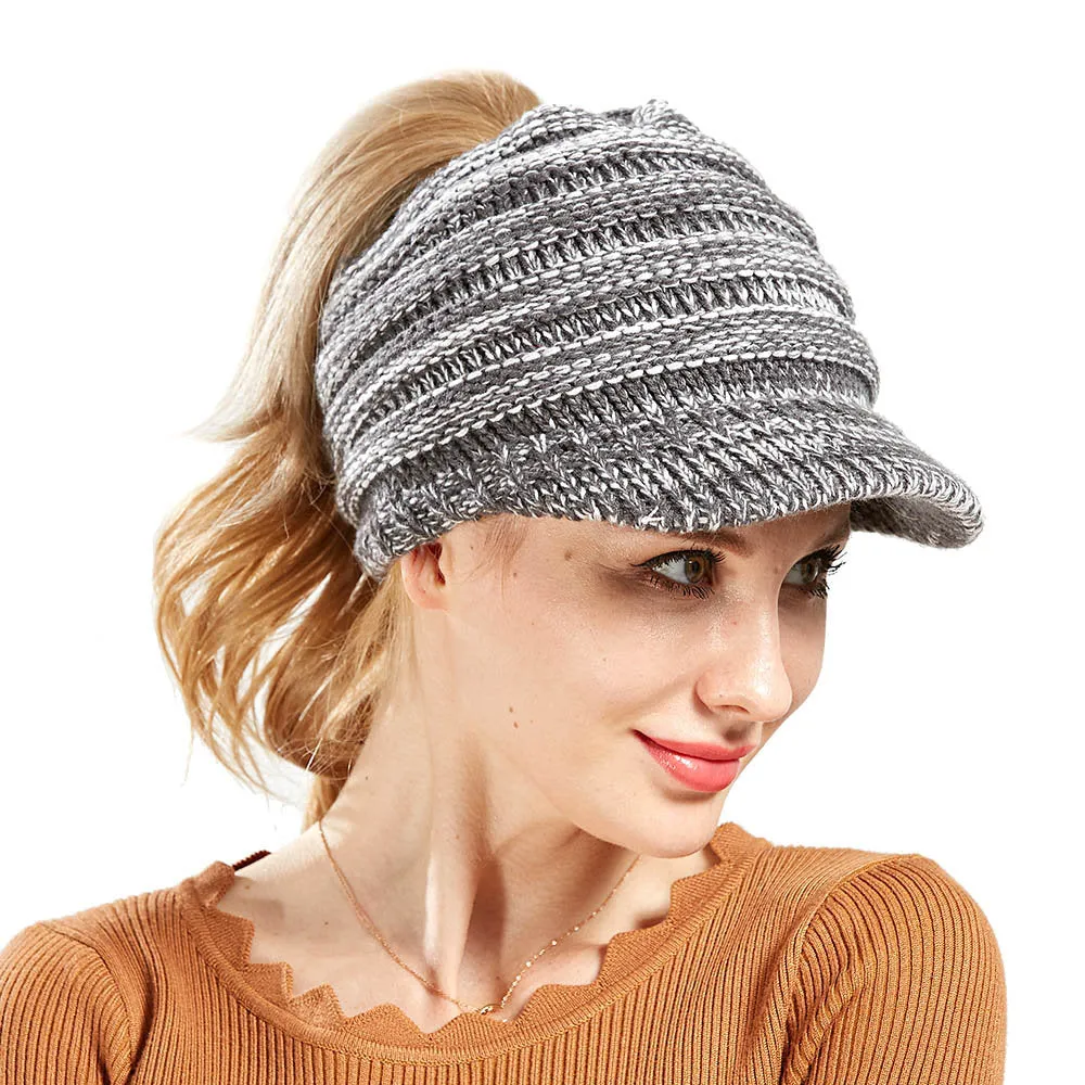 Women Soft Woolen Multifunctional Knit Hat Messy Bun Hat Warm Elastic Ponytail Beanie Hat