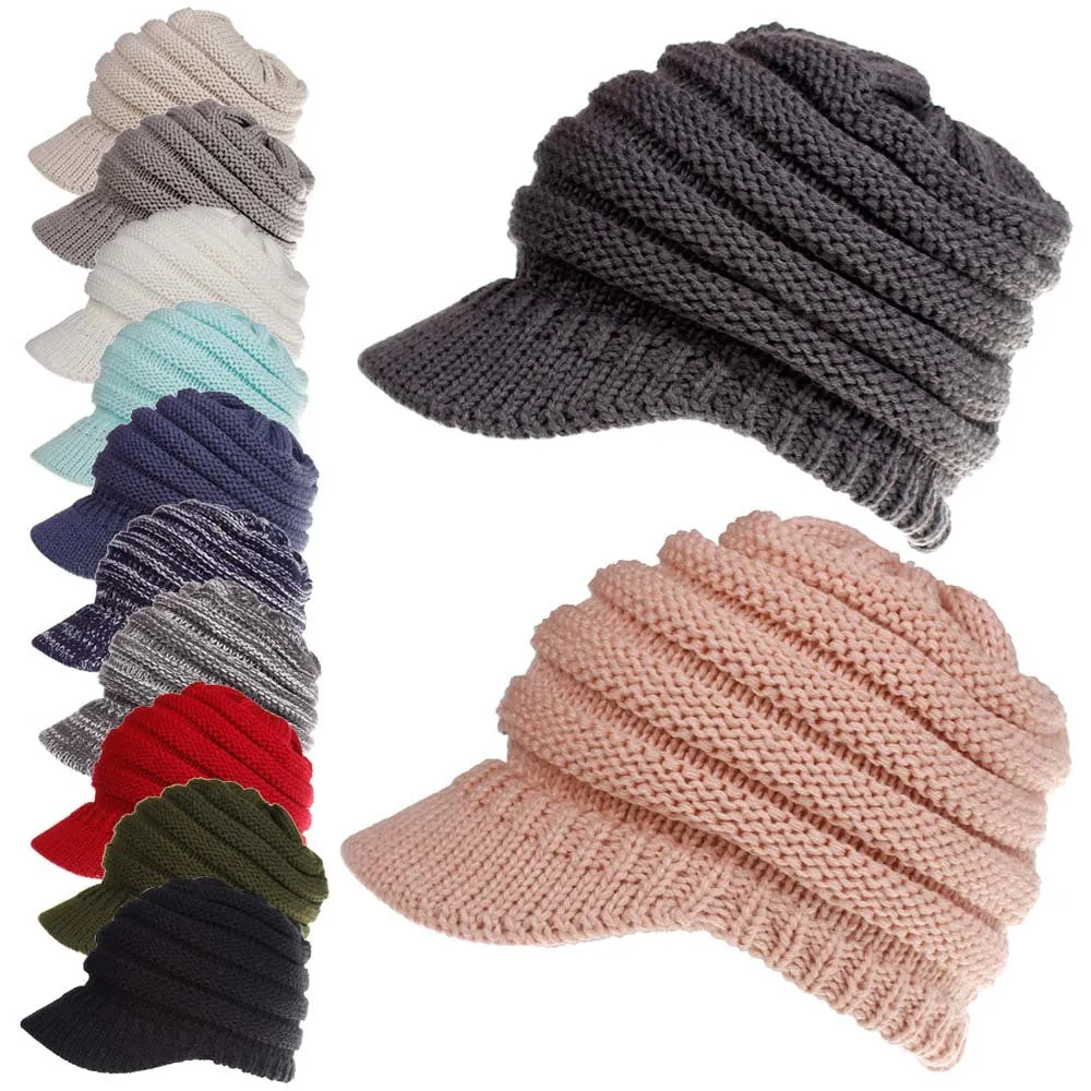 Women Soft Woolen Multifunctional Knit Hat Messy Bun Hat Warm Elastic Ponytail Beanie Hat