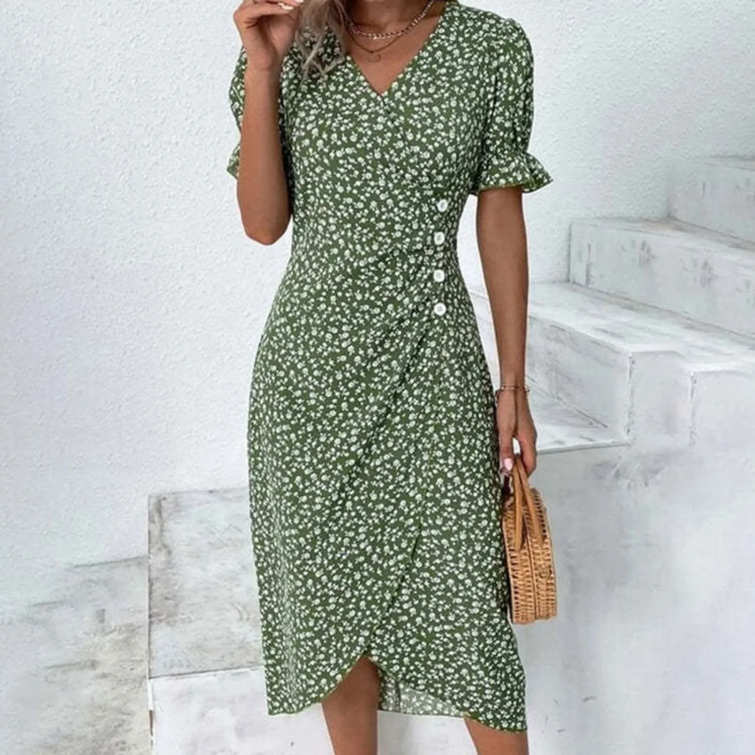 Womens Button Down Summer Dress 2025 Spring Flutter Sleeve Cotton Linen Dress with Pockets Beach A Line Casual Dress