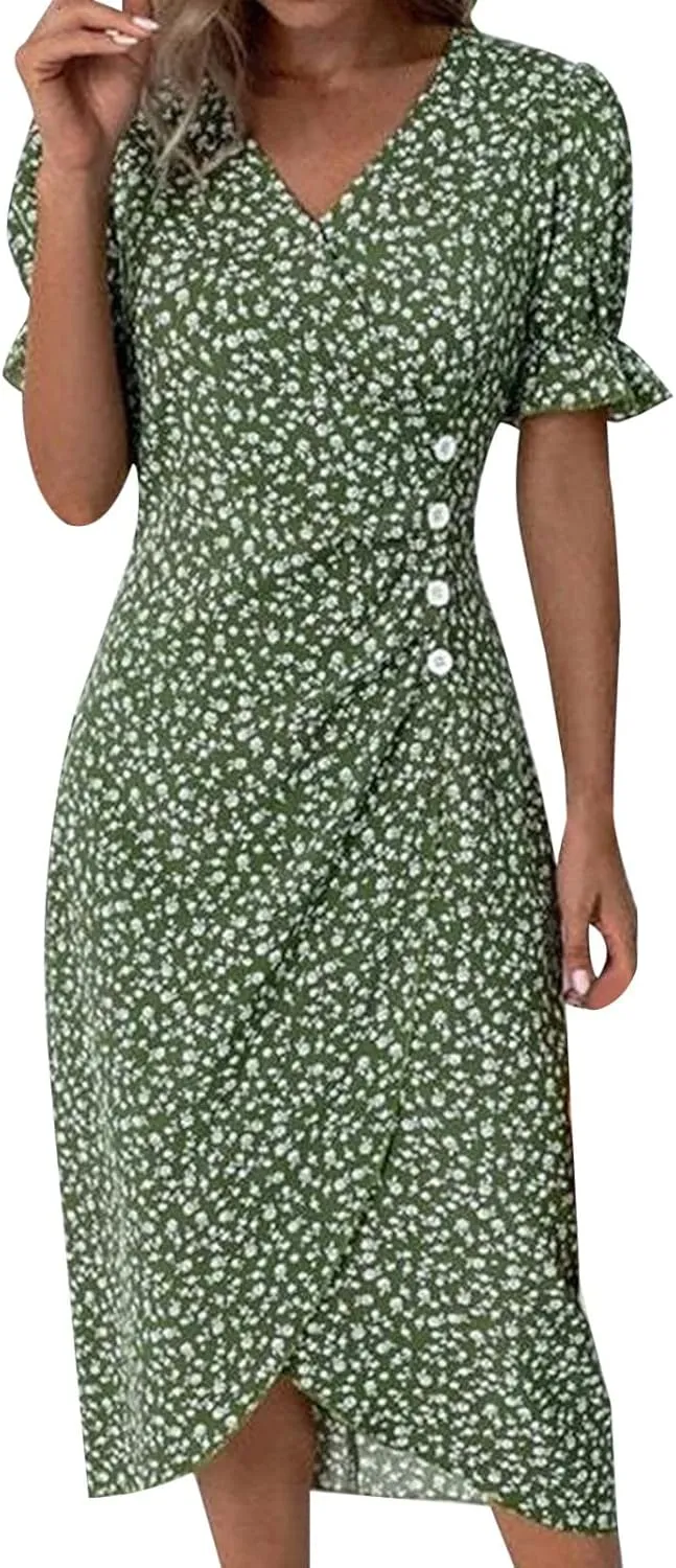 Womens Button Down Summer Dress 2025 Spring Flutter Sleeve Cotton Linen Dress with Pockets Beach A Line Casual Dress