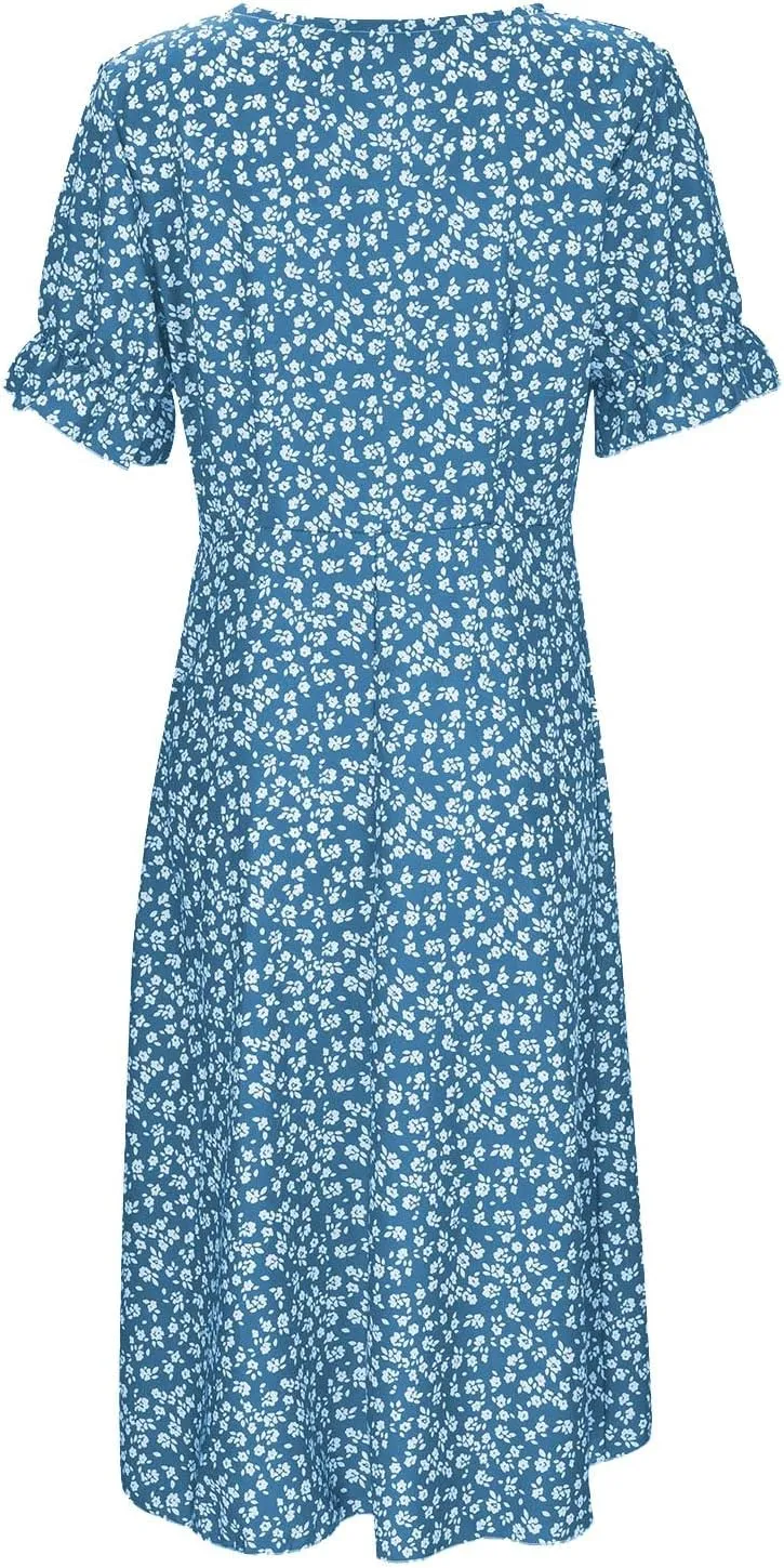 Womens Button Down Summer Dress 2025 Spring Flutter Sleeve Cotton Linen Dress with Pockets Beach A Line Casual Dress