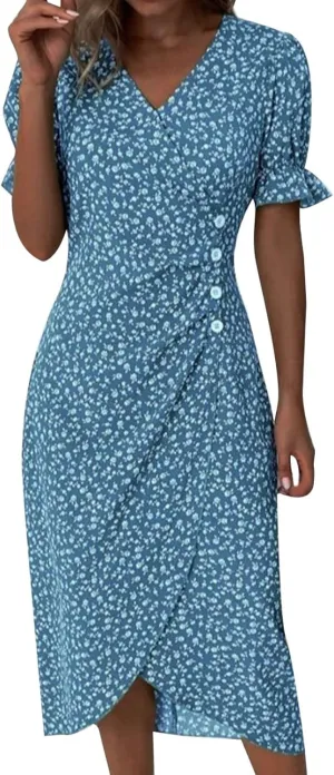 Womens Button Down Summer Dress 2025 Spring Flutter Sleeve Cotton Linen Dress with Pockets Beach A Line Casual Dress