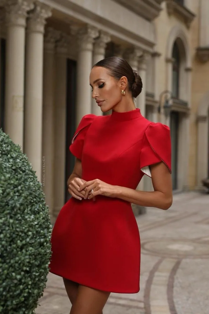 Womens Mini Dress  Tailored Fit  Puff Sleeves  Open Back with Bow  Formal Wear