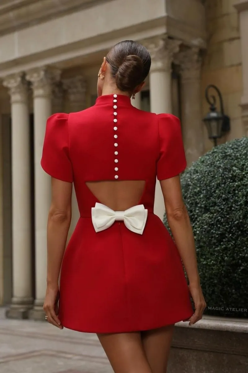 Womens Mini Dress  Tailored Fit  Puff Sleeves  Open Back with Bow  Formal Wear