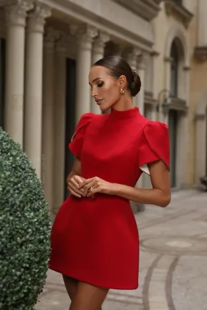 Womens Mini Dress  Tailored Fit  Puff Sleeves  Open Back with Bow  Formal Wear