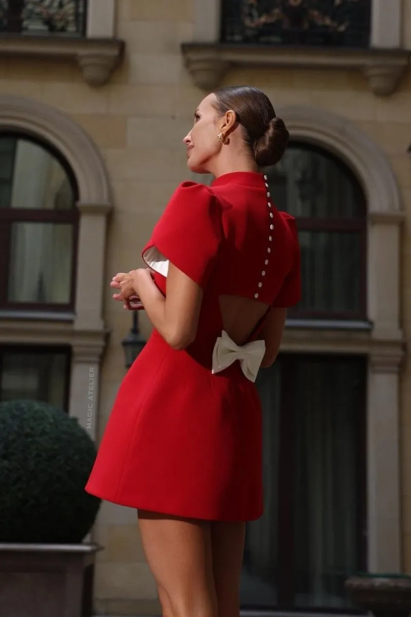 Womens Mini Dress  Tailored Fit  Puff Sleeves  Open Back with Bow  Formal Wear