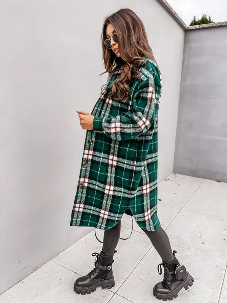 Woolen Plaid Print Retro Coat