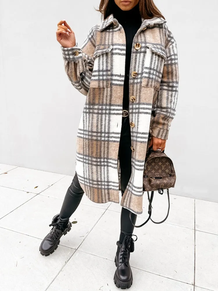 Woolen Plaid Print Retro Coat