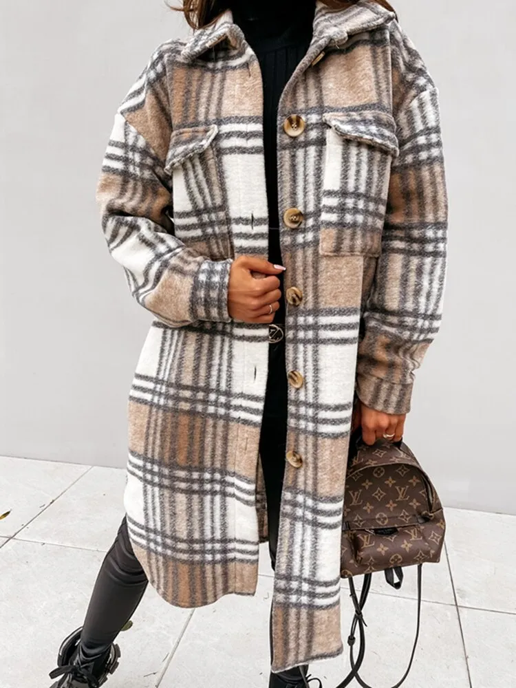 Woolen Plaid Print Retro Coat